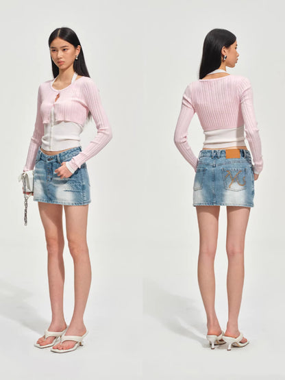 Faux Layered Slim-Fit Knit Cardigan