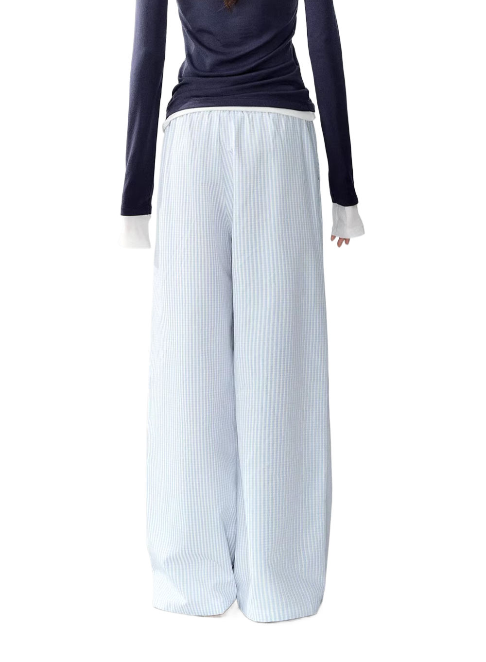 Blue Plaid Lyocell-Cotton Relaxed Wide-Leg Pants