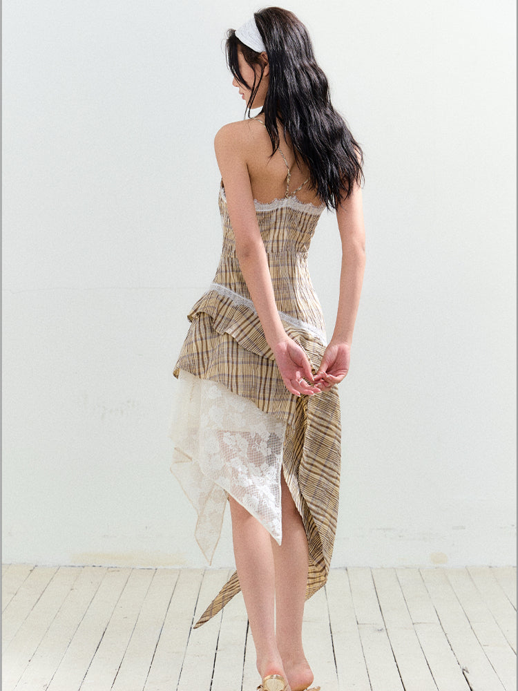 Yellow Checkered Color-blocking Lace Trimmed Sling Dress