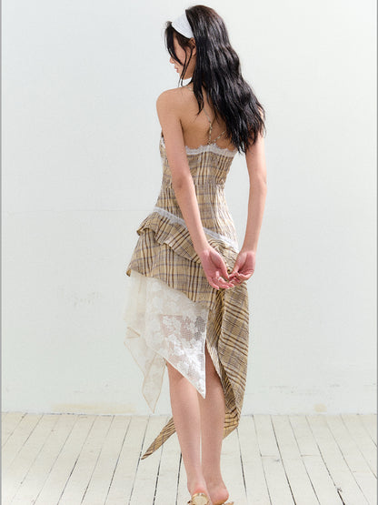 Yellow Checkered Color-blocking Lace Trimmed Sling Dress