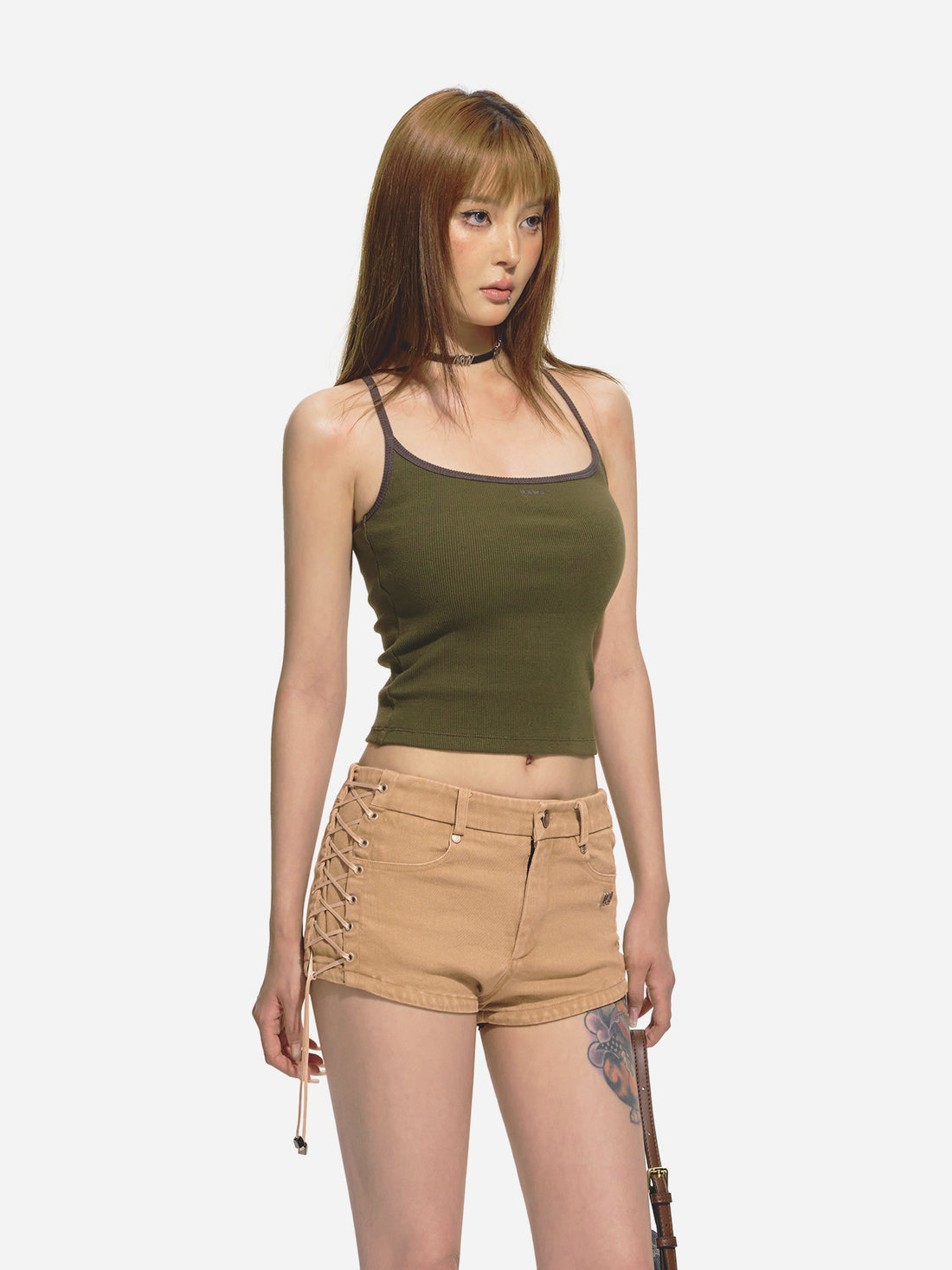 Brown &amp; Black Low-Waisted Belted Ultra-Short Shorts - CHINASQUAD