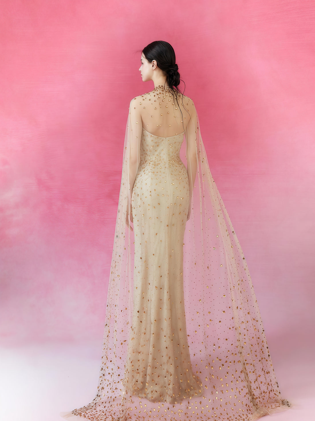 Celestial Crystal Embroidered Illusion Cape Gown