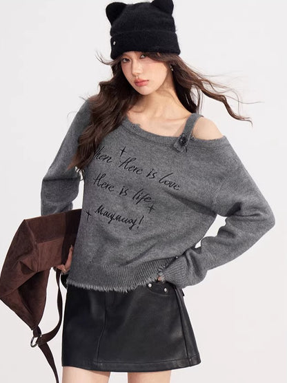Deconstructed Off-Shoulder Embroidered Knit Sweater