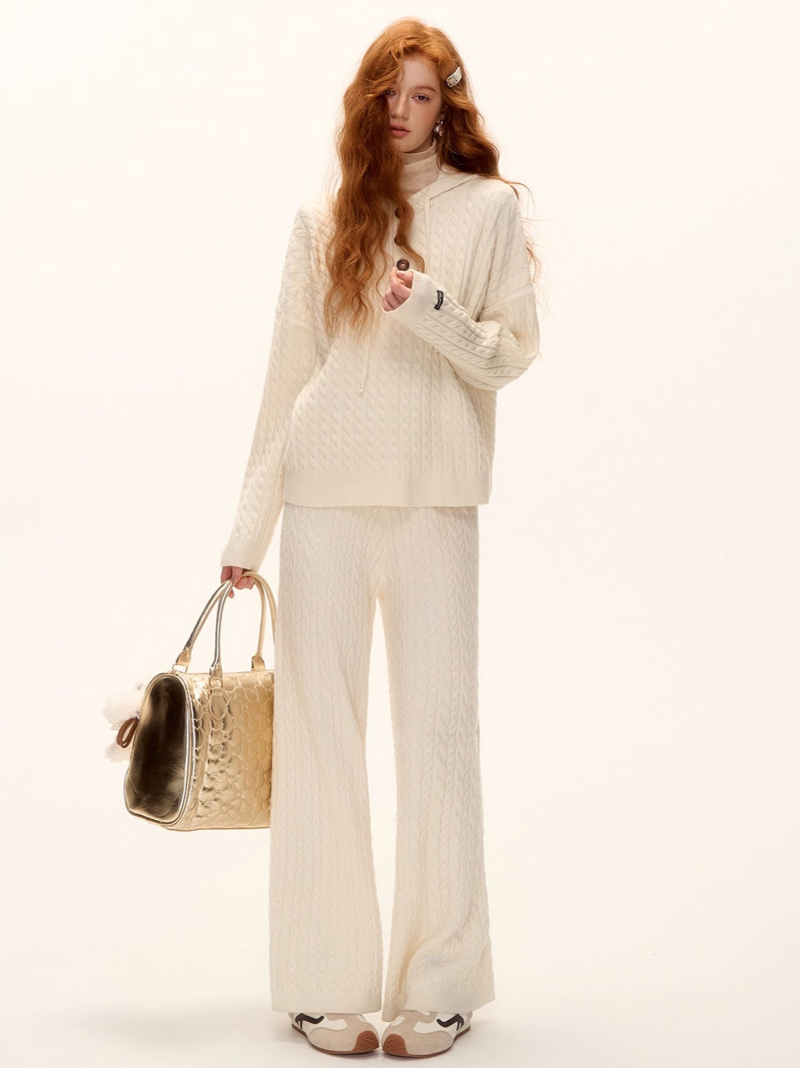 Wool Blend Cable Knit Hoodie &amp; Wide-Leg Pants Set