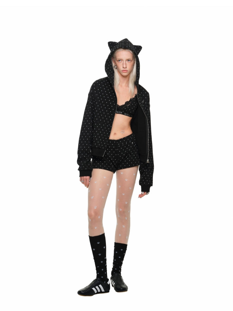 Cat Paw Polka Dot Hooded Cardigan Set