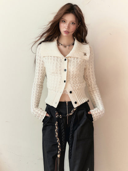 Lapel Collar Wool Short Knit Cardigan