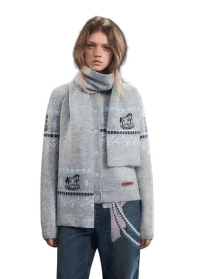 Fair Isle Scarf &amp; Cardigan Two-Piece Set