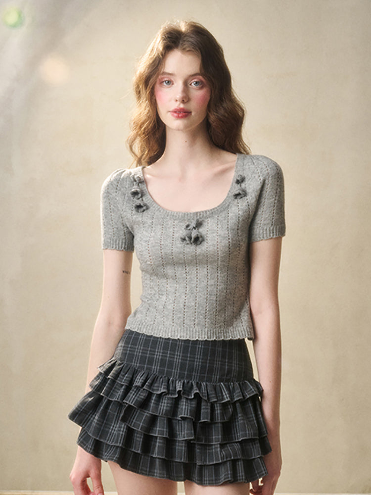 Wool Hollow Out Short Sleeve Knitted Shirt