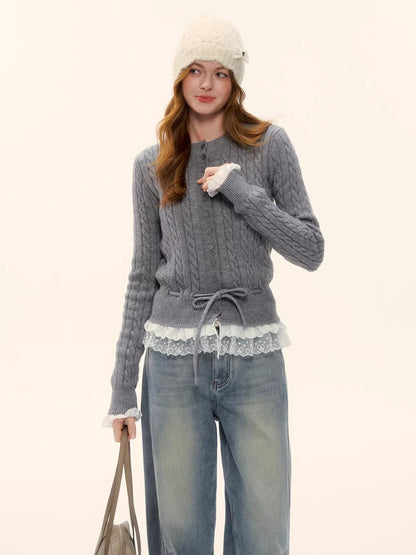 Cable Knit Lace-Hem Drawstring Sweater