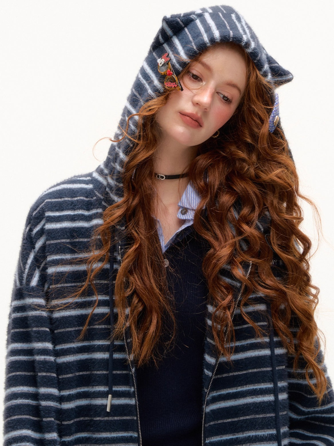 Striped Plush Cat-Ear Zip-up Hoodie