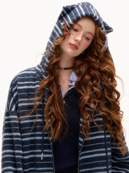 Striped Plush Cat-Ear Zip-up Hoodie
