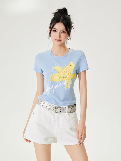 Color Diamond Floral Regular Shoulder T-shirt - CHINASQUAD