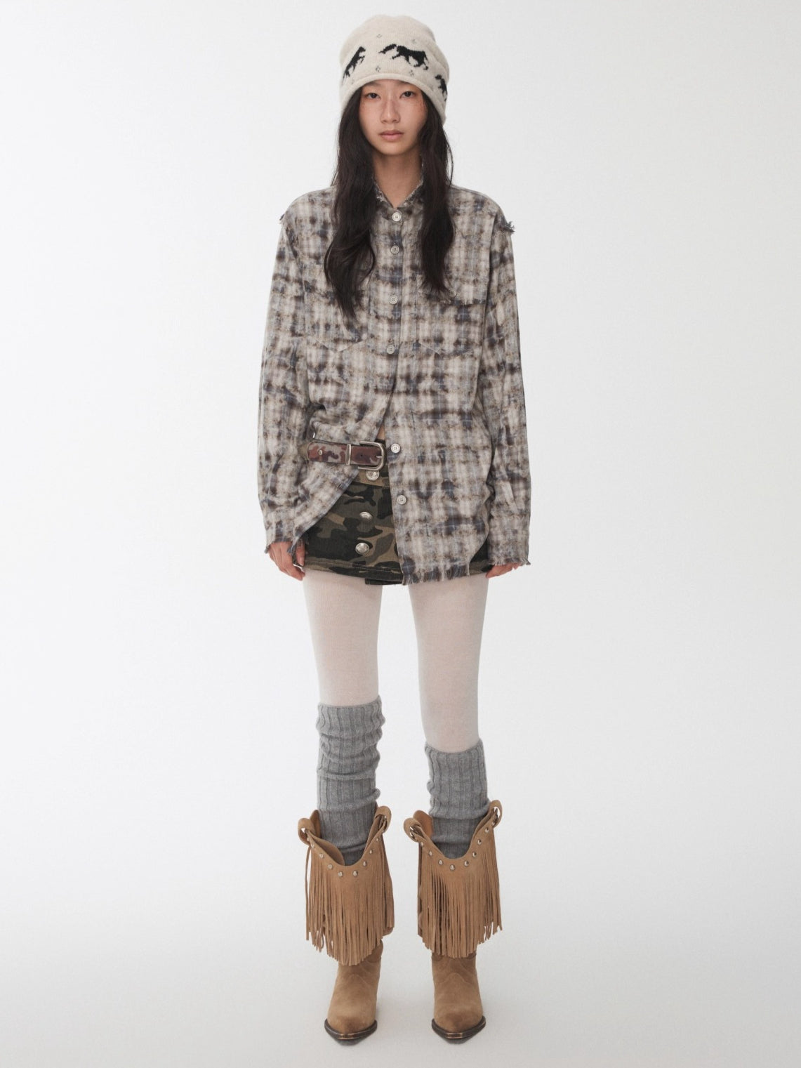 Washed Plaid Frayed-Edge Fitted Shirt