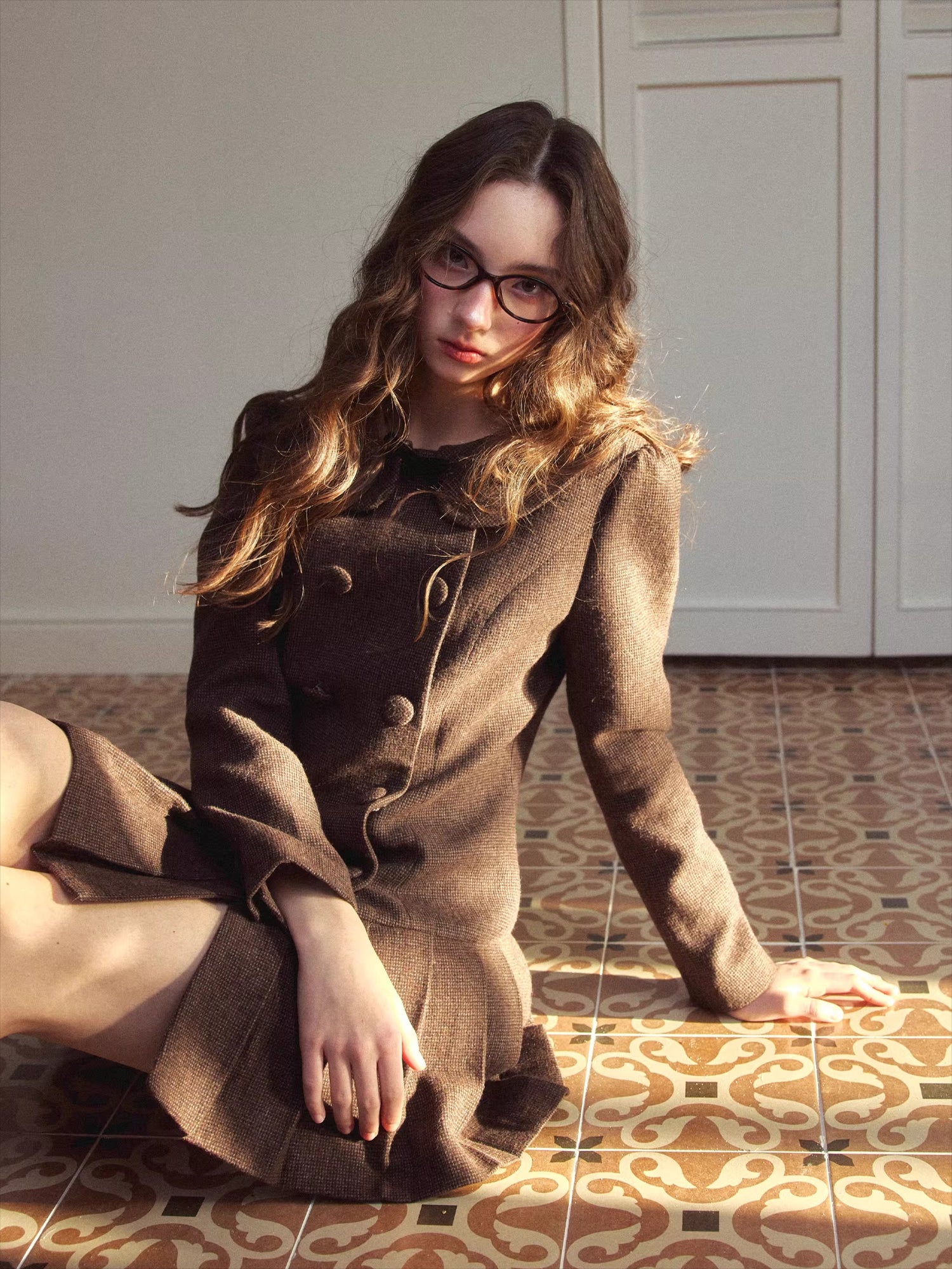 vintage pleated dress SunsetPark Vintage Preppy Doll-Collar Houndstooth Pleated Dress Brown / S
