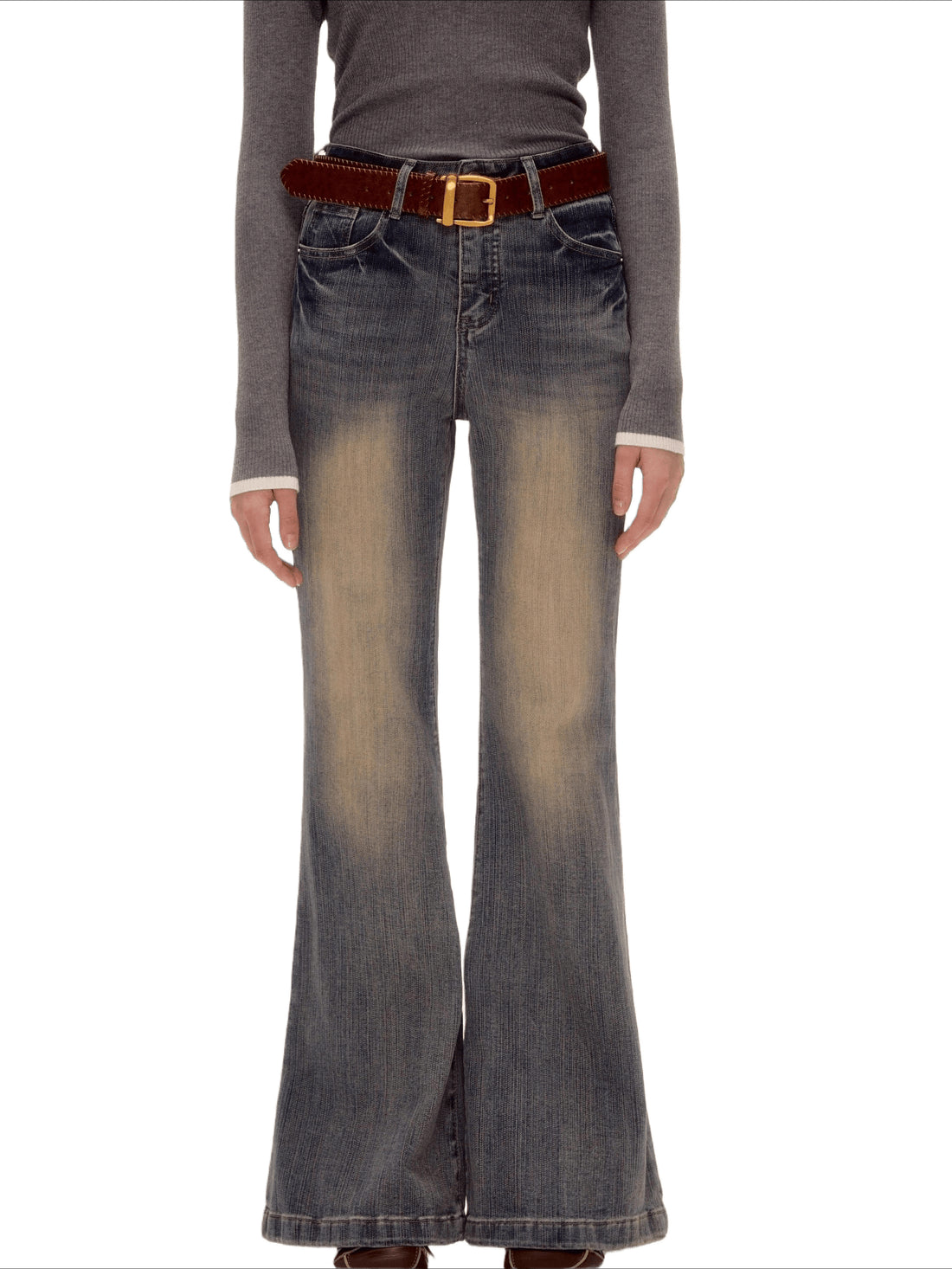 Textured Washed Flared Stretch Denim Pants