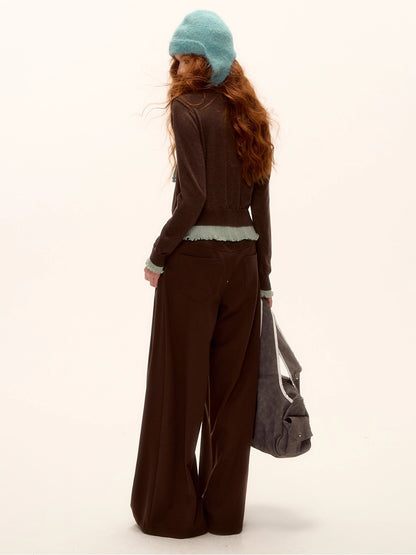 Contrast Panel Ruffled Knit Cardigan