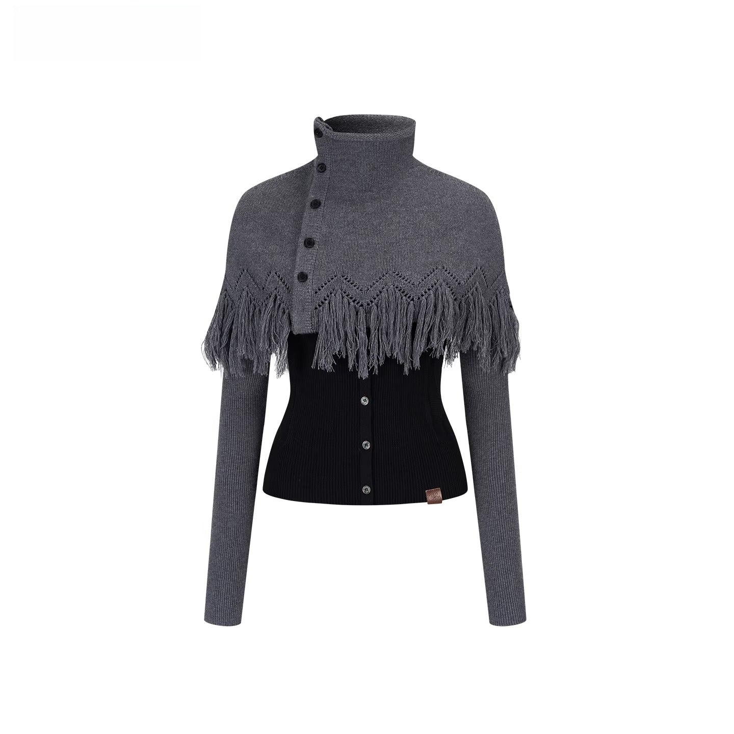 High-Neck Knit Top Fringe Cape Set