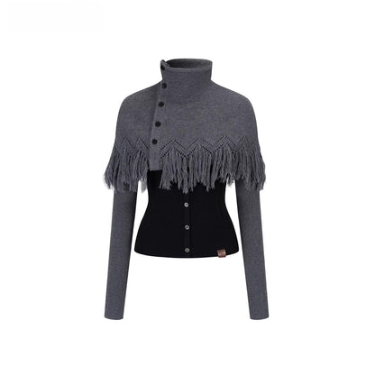 High-Neck Knit Top Fringe Cape Set