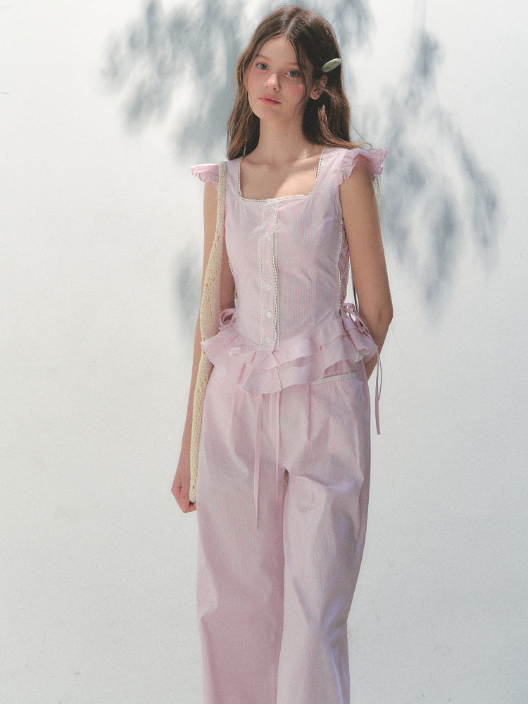Pink Striped Flutter Sleeve Shirt - CHINASQUAD