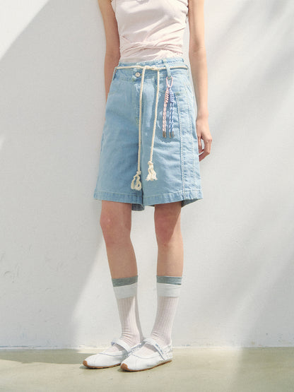 Lace-adorned Polka-dot Denim Capri Pants