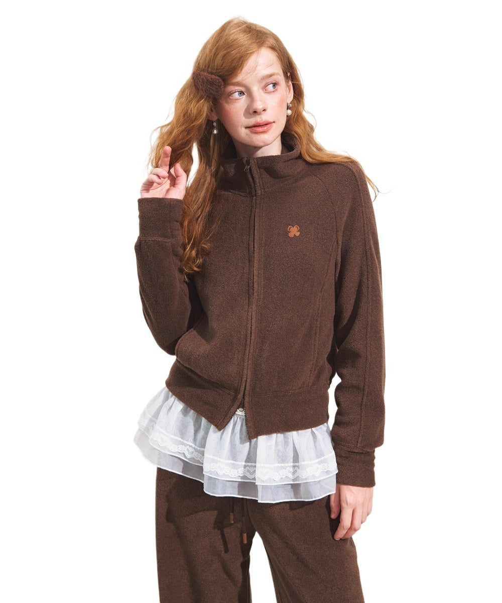 Plush Terry Fleece High-Neck Zip-up Sweatshirt &amp; Banana Pants Set