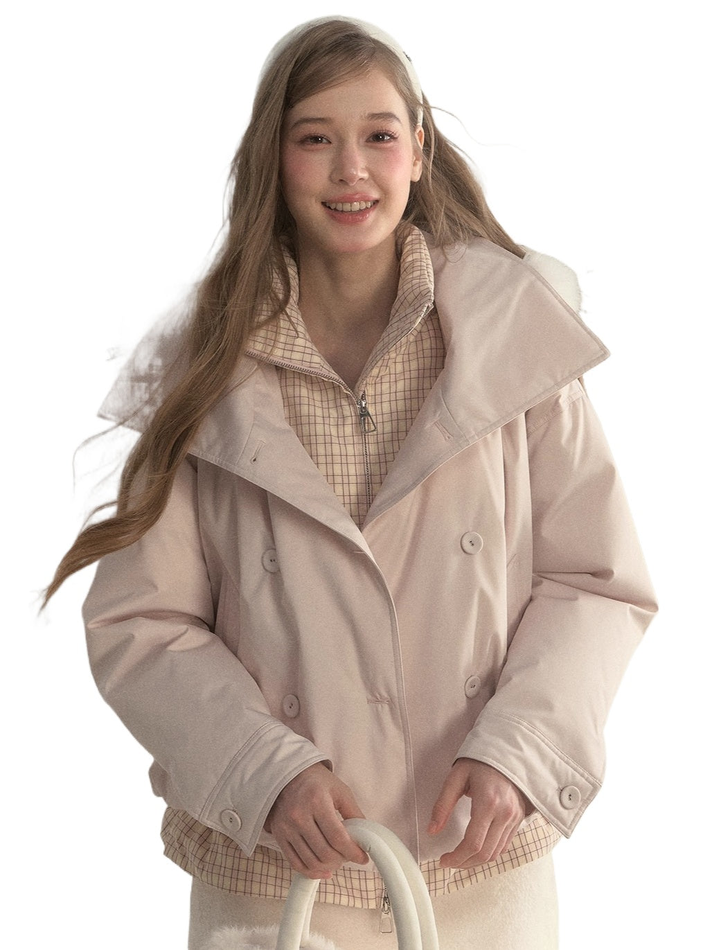 Khaki &amp; Pink Double-Breasted Layered Down Jacket