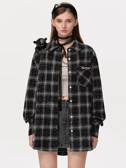 Vintage Plaid Crystal Bear Mid-Length Shirt