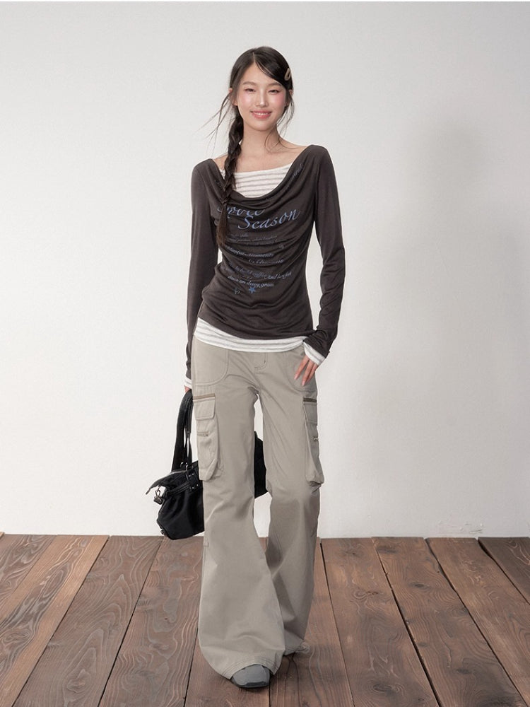 Gray-Green 3D Pockets Cargo Zipper Flare Pants