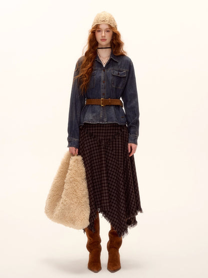 Frayed Hem Plaid Studded Belt Asymmetric A-Line Midi Skirt