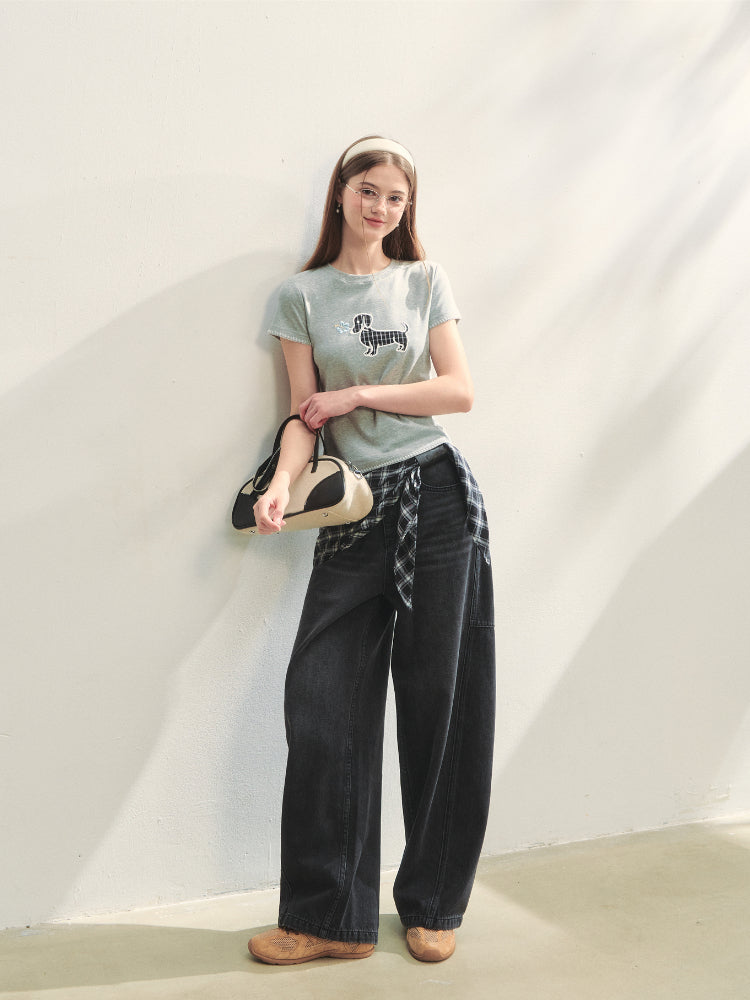 Checked Panel Tie-Waist Jeans - CHINASQUAD