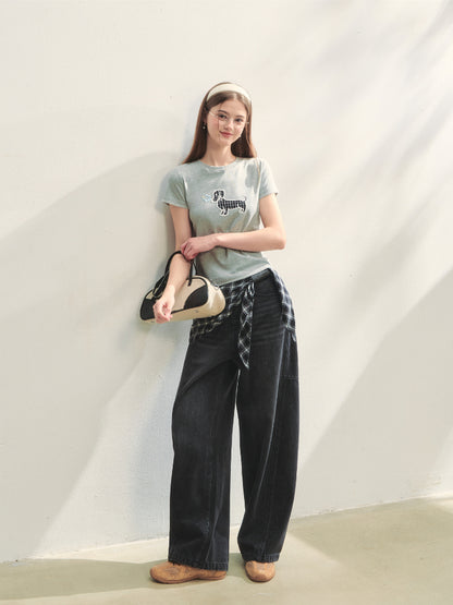 Checked Panel Tie-Waist Jeans - CHINASQUAD