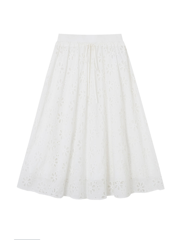 Hollow-out Flower Tie-up Short-Sleeve Top &amp; Skirt Set