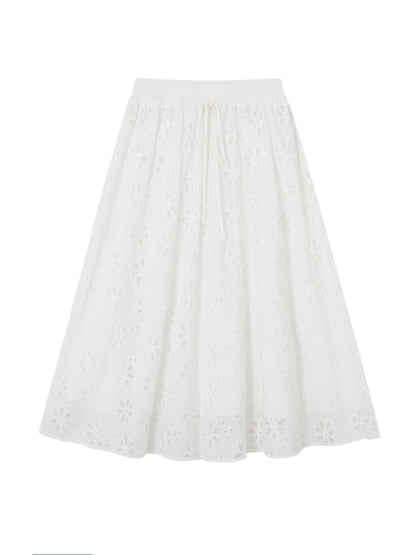 Hollow-out Flower Tie-up Short-Sleeve Top &amp; Skirt Set