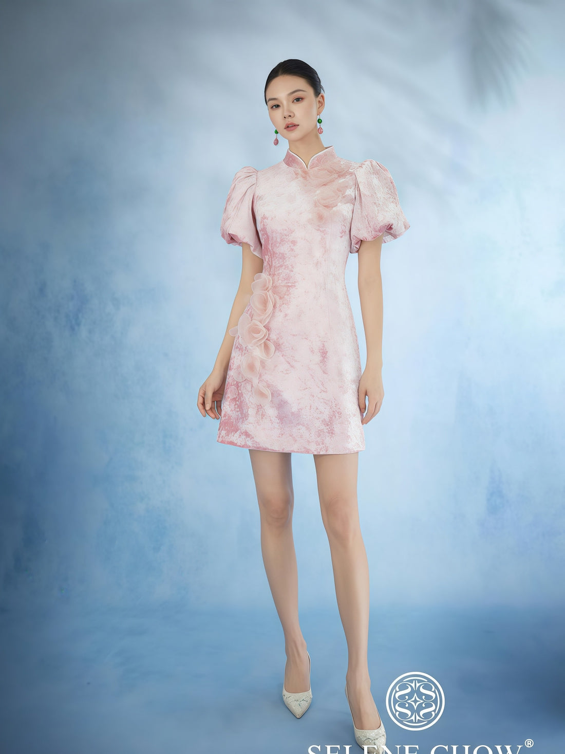Blush Embroidered Floral Mandarin Collar Mini Dress