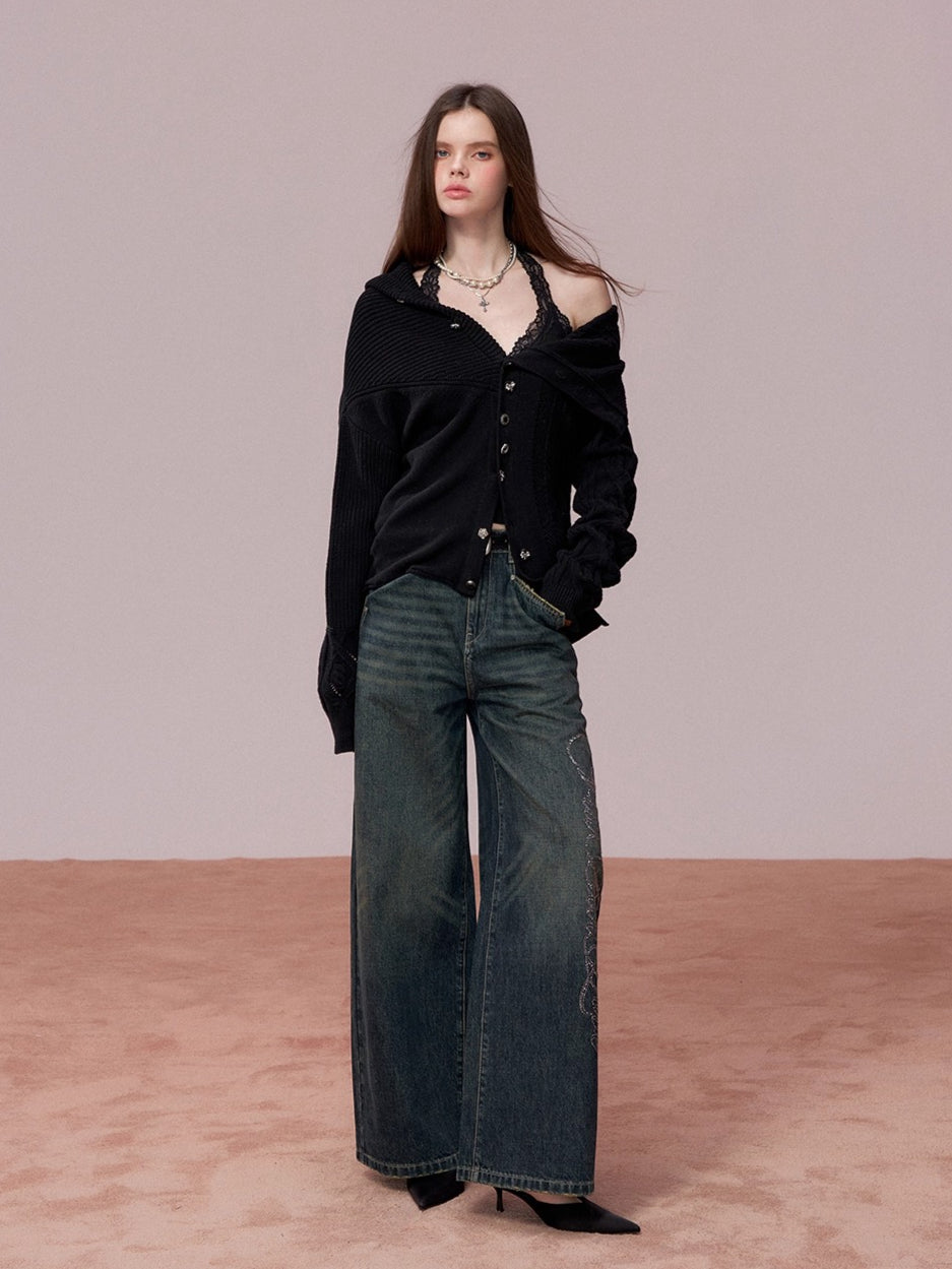 Embellished Rhinestone Vintage Wide-Leg Jeans