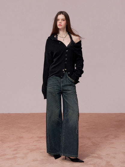 Embellished Rhinestone Vintage Wide-Leg Jeans