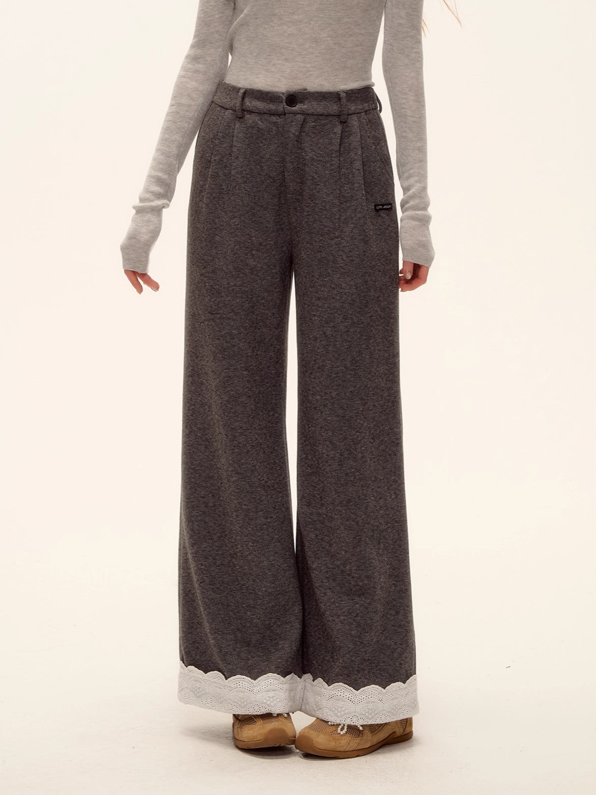 Embroidered Hem Wool Blend Wide-Leg Trousers