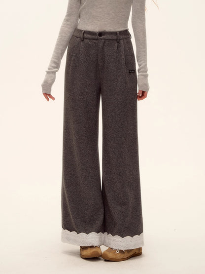 Embroidered Hem Wool Blend Wide-Leg Trousers