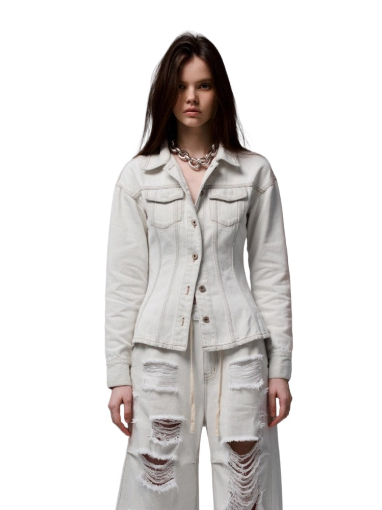 Vintage Washed Waist-Tailored Wide-Shoulder Jacket