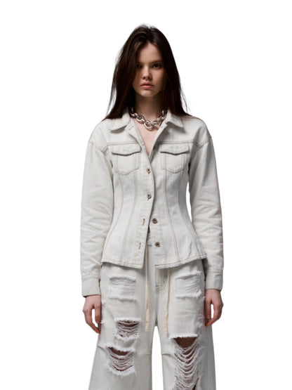 Vintage Washed Waist-Tailored Wide-Shoulder Jacket