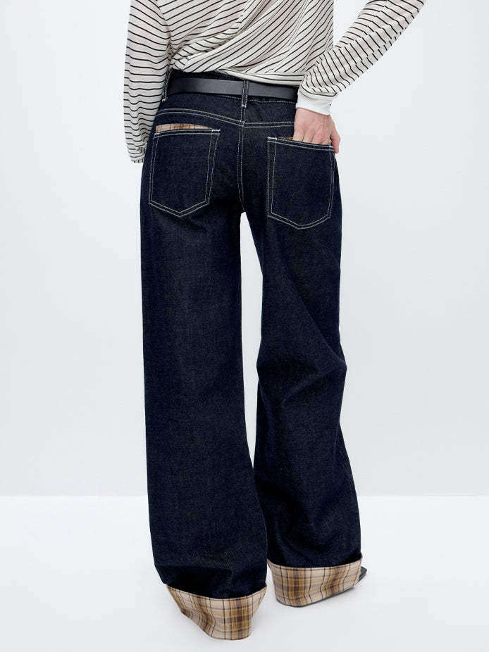 Blue Plaid Patchwork Straight-Leg Jeans