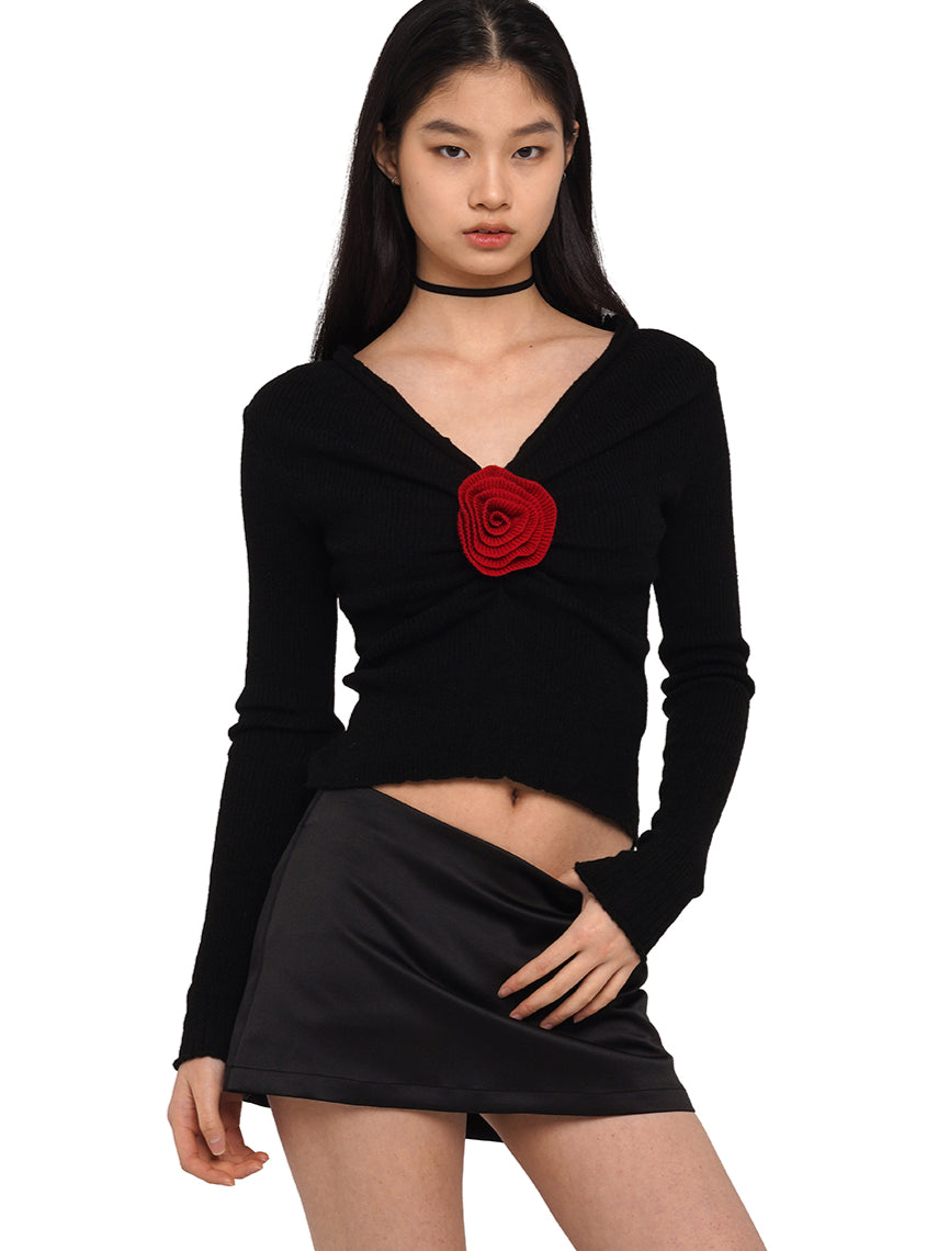 Rose Embellishment V-Neck Sweater