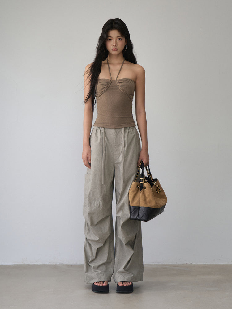 Gray 3D Pockets Wide-leg Pants