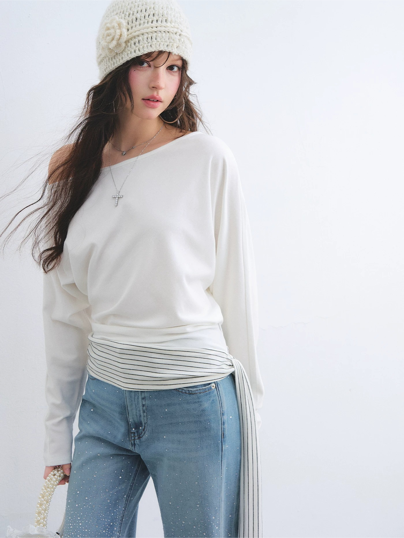 Asymmetric Batwing Sleeve Striped Tie-Hem Long Sleeve Top