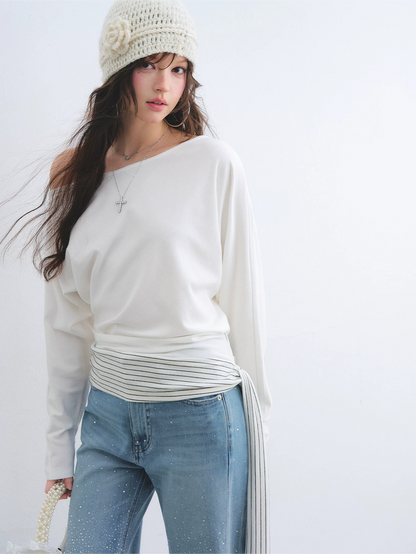 Asymmetric Batwing Sleeve Striped Tie-Hem Long Sleeve Top