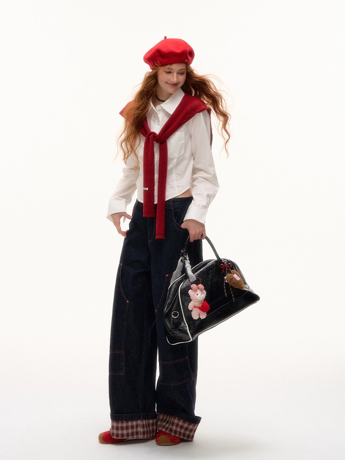 Plaid Cuff Wide-Leg Jeans