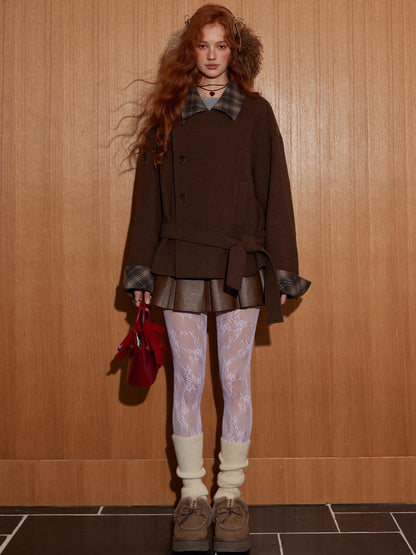 Plaid Panel Belted Wool-Blend Jacket