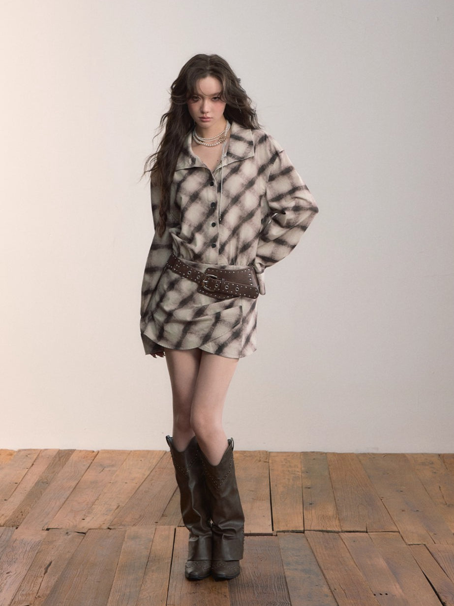 Plaid Irregular Hem Cotton Shirt Dress