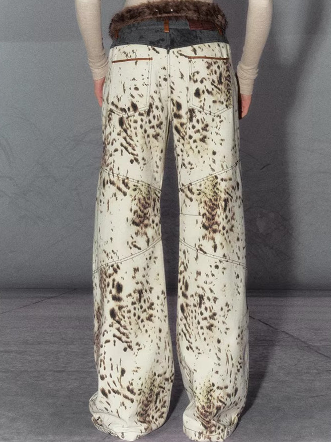 American Leopard Print Wide-Leg Denim Pants