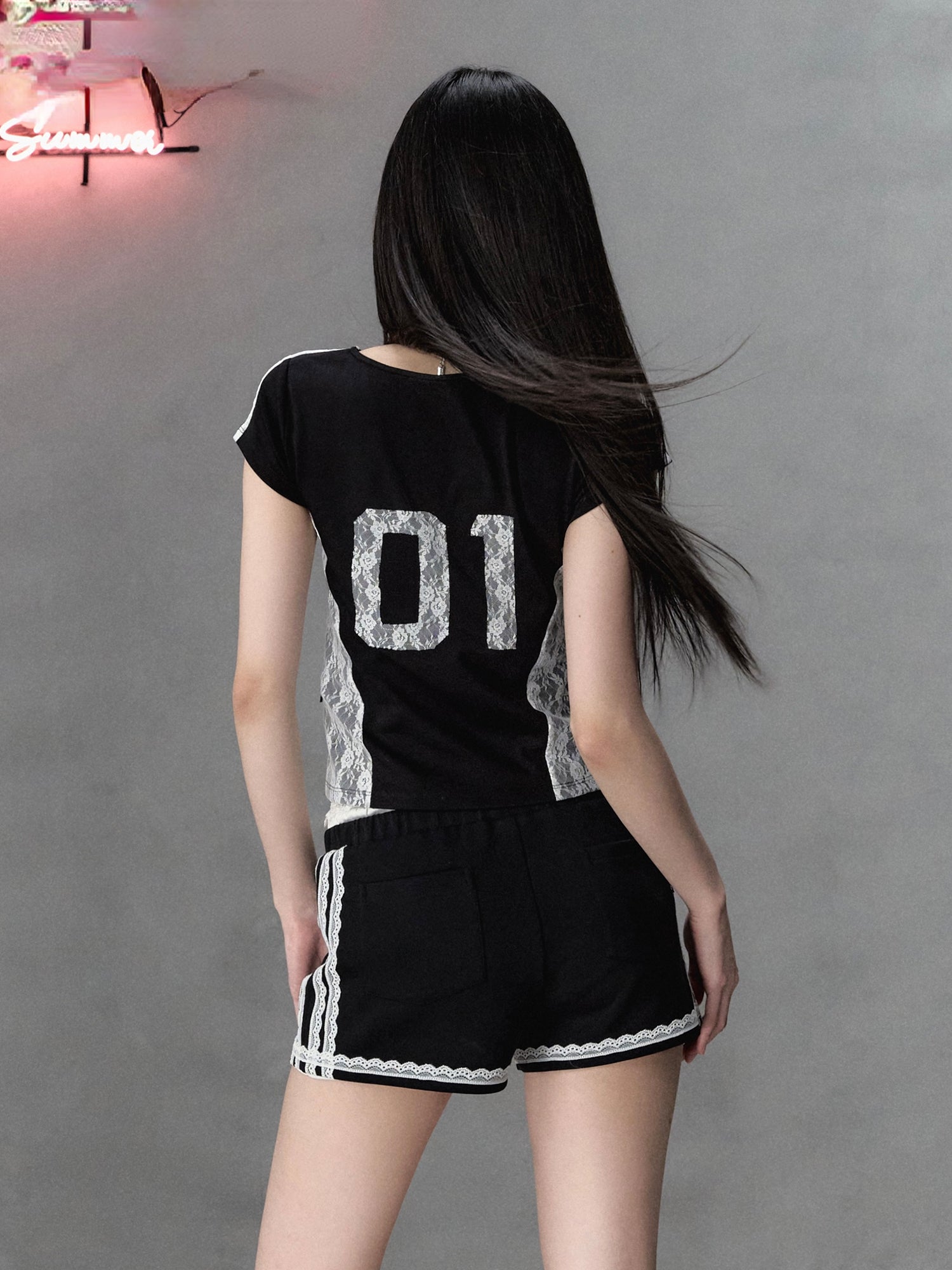 Black Lace Trim with Letter Print Short Sleeves